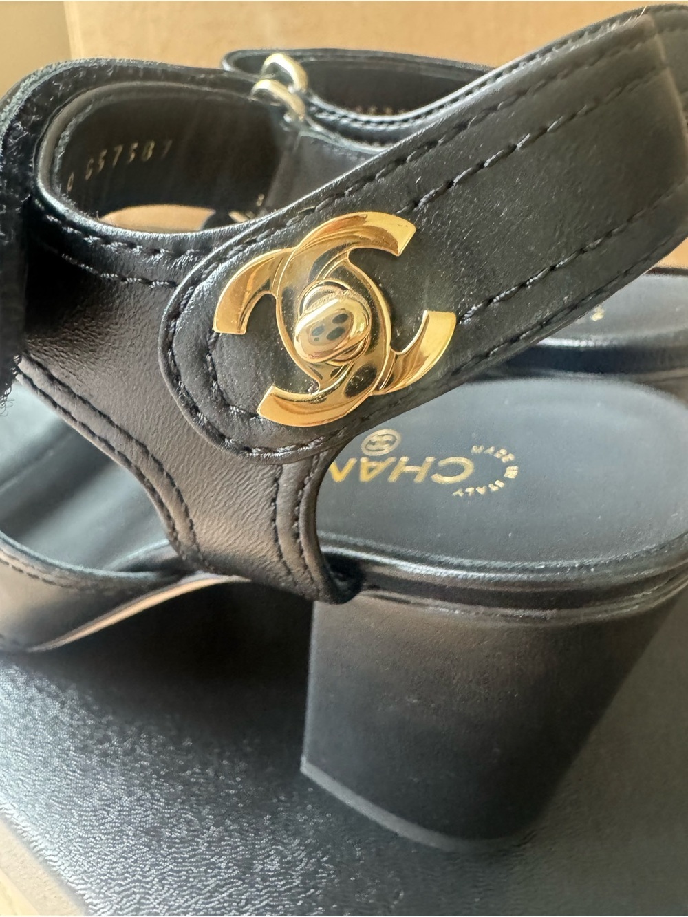 CHANEL Black Leather Block Heel Sandals with Gold CC Logos - Picture 5 of 8